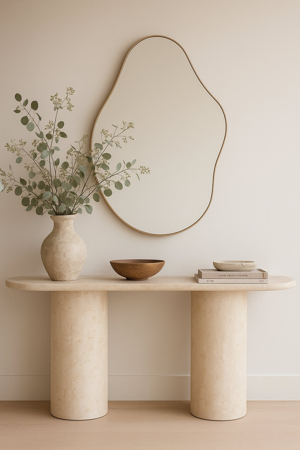 Hodnik s ogledalom i konzolom na kojoj je vaza s cvijećem i zdjela te dekorativne knjige